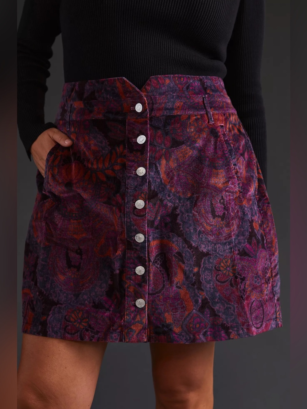 Anthropologie Pilcro Corduroy Mini Skirt Button Front Floral Pink Purple